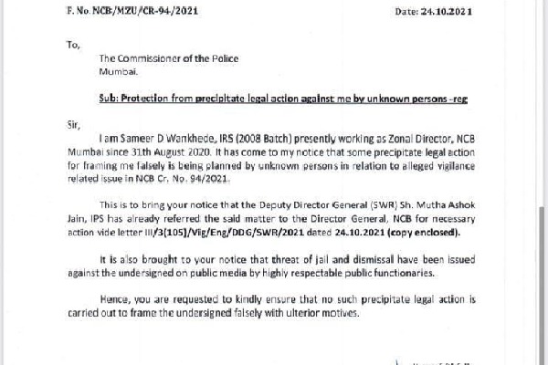 Guard me from 'legal action', NCB's Wankede appeals to Mumbai top cop