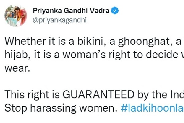Women has right to decide what she wants to wear: Priyanka Gandhi on hijab row