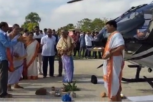 Telangana businessman takes chopper to temple for 'vahan puja'