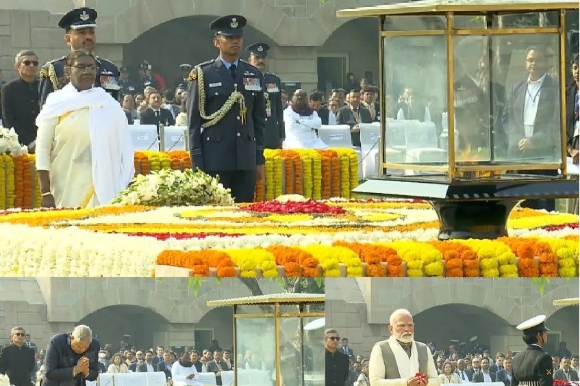 Prez Murmu, V-P Dhankhar, PM Modi pay homage to Mahatma Gandhi at Rajghat