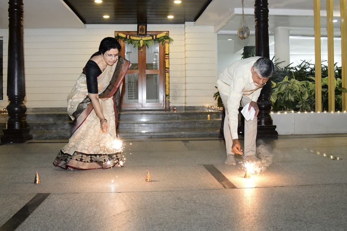 Andhra CM Chandrababu Naidu celebrates Diwali with wife