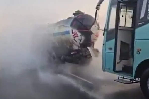 Narrow escape for passengers as bus rams into chemical tanker in Telangana