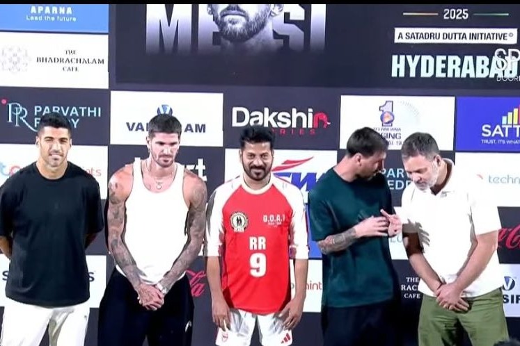 GOAT Tour: Messi appears at Uppal Stadium in Hyderabad, seen waving to the crowd in broadcast visuals