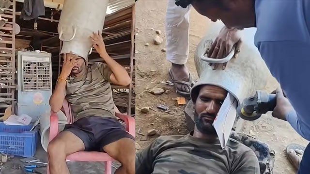 Rajasthan youths reel stunt backfires head stuck in milk container