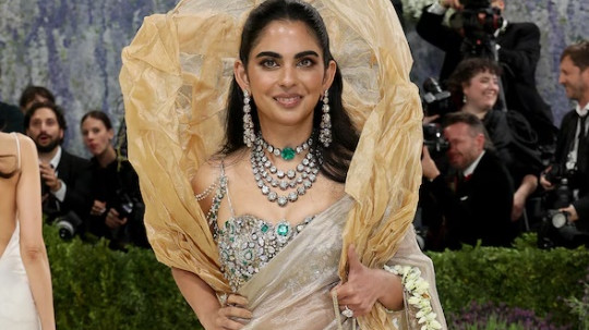 Isha Ambani Royal Look at Met Gala 2024 Diamond Blouse and Nizam Jewels