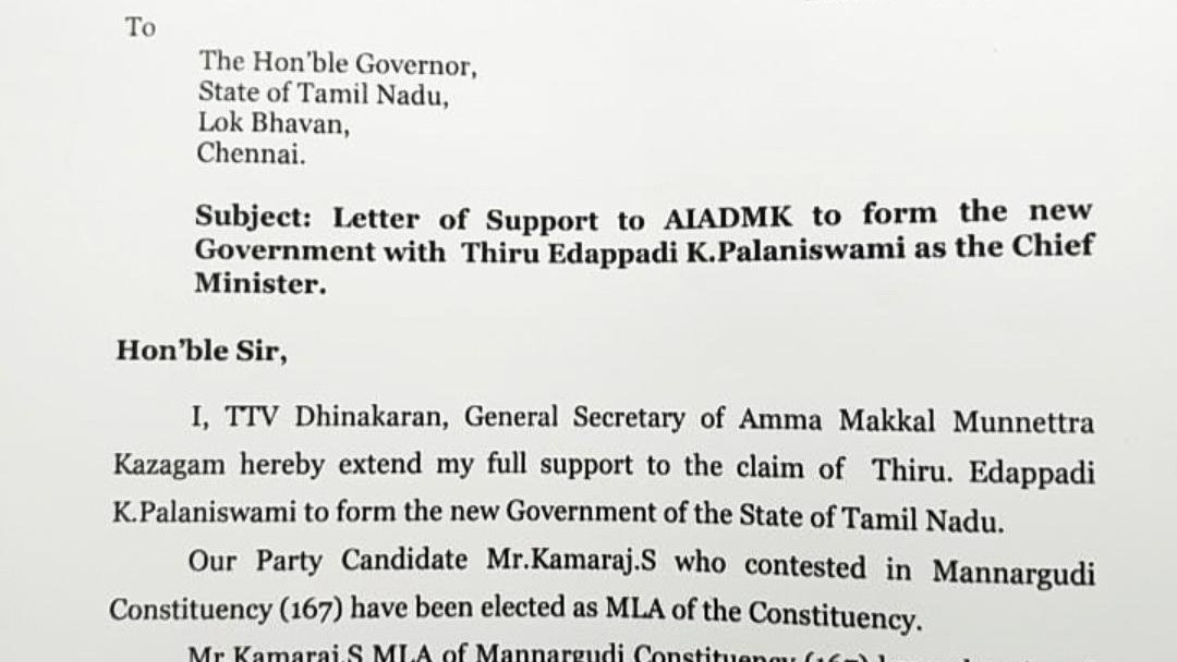 TTV Dinakaran urges Governor to invite Palaniswami for government formation