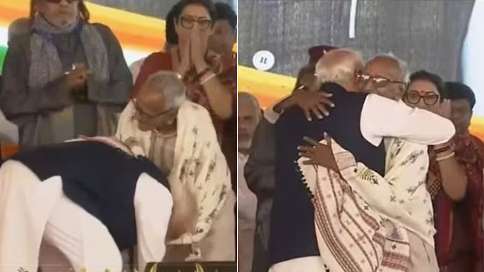 PM touches feet hugs BJPs oldest Bengal worker at Suvendu Adhikaris oath event