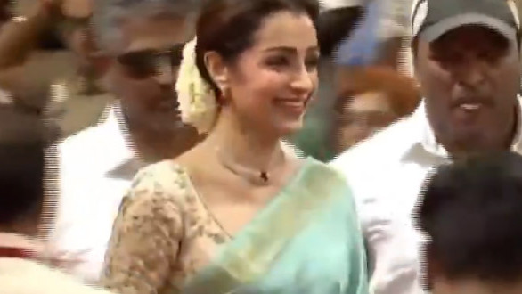 Vijay Sworn in as CM Trisha Attends Ceremony in Blue Saree