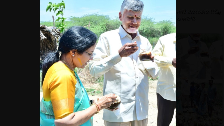 Chandrababu Naidu Enjoys Palm Fruit with Bhuvaneshwari on Roadside