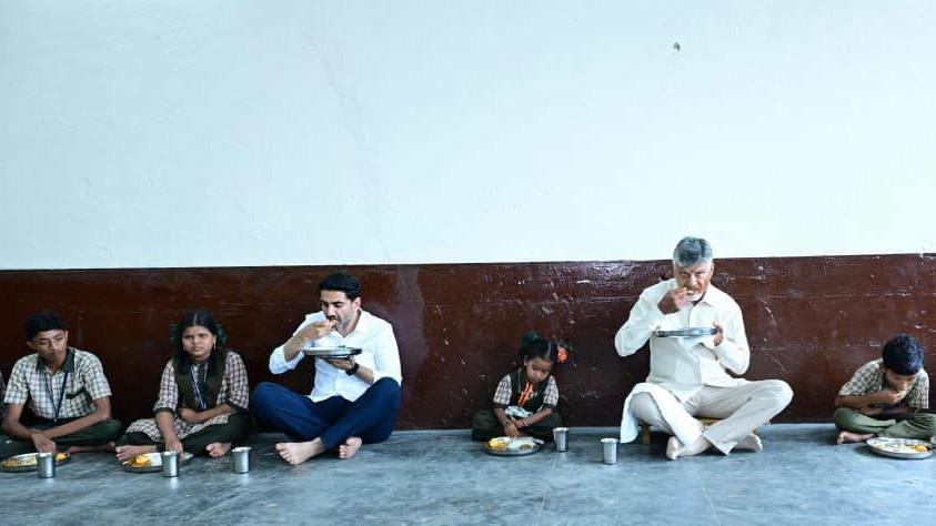 Chandrababu Naidu and Nara Lokesh have midday meal with students and CM makes key suggestion