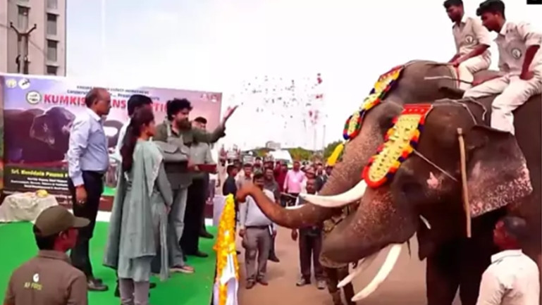 Pawan Kalyan welcomes Kumki elephants at Mangalagiri camp office