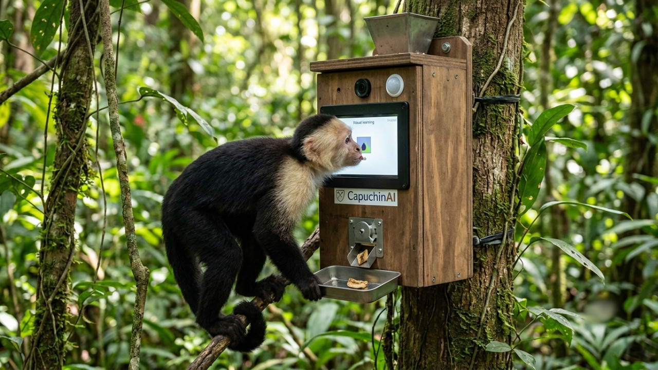 Capuchin Monkeys test their intelligence with AI technology for banana rewards