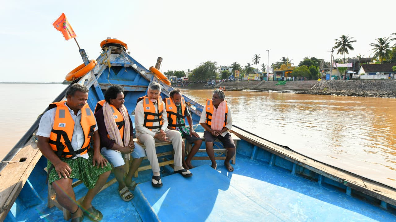 Chandrababu Naidu boat ride in Chiranjeevi hometown see photos