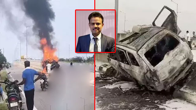 Terrible accident in Suryapet Doctor burnt alive in car