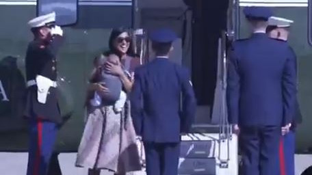 Usha Vance stumbles while getting off helicopter with baby as staff watch