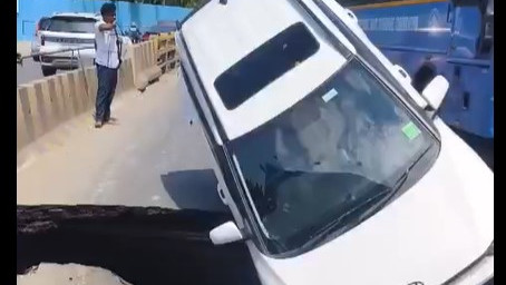 Chennai road cave in car falls into 10 foot deep hole