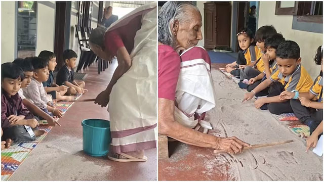 Kerala Grandma turns sand into slate to teach children letters as Ashatti Ammumma lessons go viral
