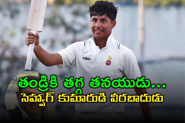 virender sehwag son aaryavir slams double century for delhi