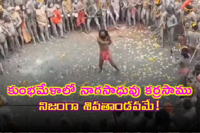 Naga Sadhu performs Karra Saamu with a vibrant style in Kumbh Mela
