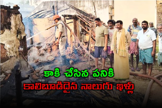 Crow causes major fire accident in Vizianagaram Konuru village