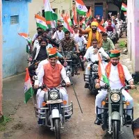 union minister kishan reddy spotted on bullet bike in Tiranga Bike Rally at Khajuraho
