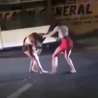 Two women fight violently on a busy street