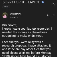 Thief Sends Email To Apologise For Stealing Mans Laptop