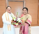 Newly appointed BJP chief of Andhra Pradesh D Purandeswari pays a courtesy call on BJP president JP Nadda
