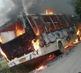 Bus gutted after hitting a bike in Hyderabad, one dead
