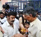 Balakrishna touches Chandrababu feet at Rajahmundry jail
