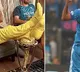 Pacer Mohammad Shami reacts to Mitchell Marsh putting his feet on the World Cup trophy