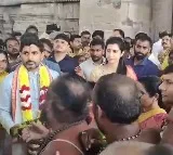 Nara Lokesh and family members offers prayers at Lakshmi Narasimha Swamy temple in Mangalagiri