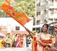 Shilpa waves saffron flag with Lord Ram's image at Siddhivinayak temple