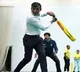 Rishi Sunak takes guard against England pacer Jimmy Anderson displays his batting skills