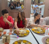 Varun Dhawan feeds Mrunal Thakur & Pooja Hegde as the three enjoy a delicious thali in Ahmedabad