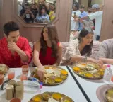 Varun Dhawan feeds Mrunal Thakur & Pooja Hegde as the three enjoy a delicious thali in Ahmedabad