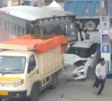 TGSRTC Bus crashes into petrol bunk after losing control major accident averted