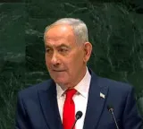 Benjamin Netanyahu UN speech Iran sensational protest with Qasem Soleimani photo in empty seat