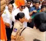 Danam Nagender dances with police during Bada Ganesh Shobhayatra