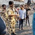 Chiranjeevi and Ram Charan in army dress on Acharya sets