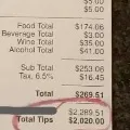 Man Gives 2020 Dollar Tip for 270 Dollar Bill